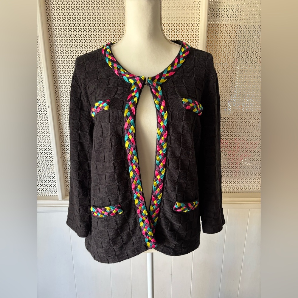 Women’s Michael Simon Multicolored Braid Basketweave Cardigan Sweater